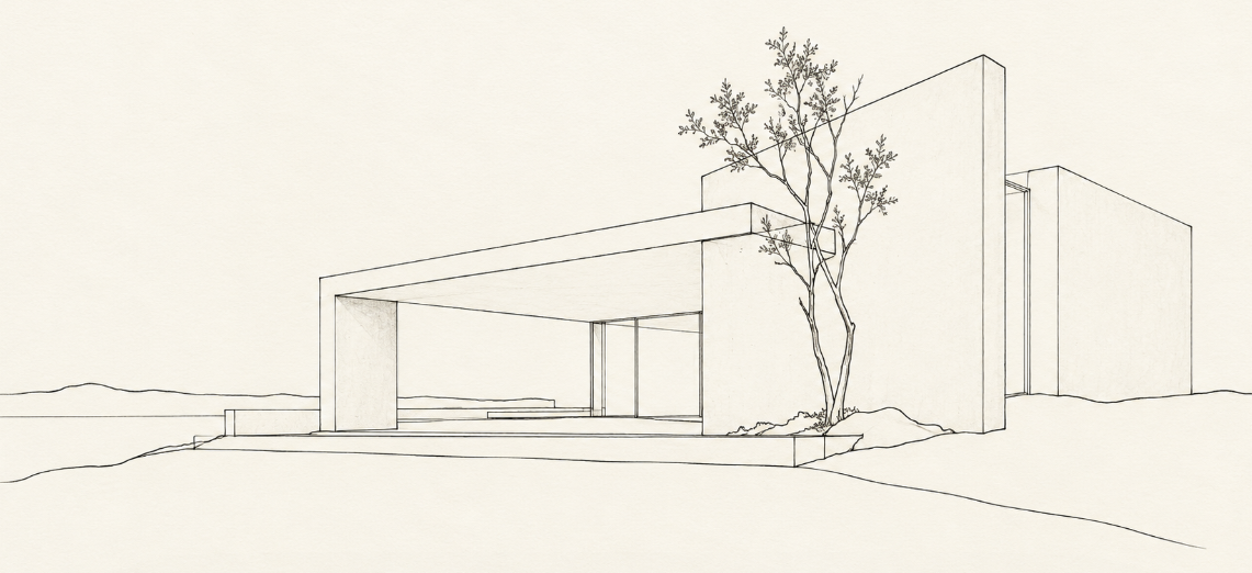Esquiço arquitetónico de uma casa contemporânea com alpendre e árvore